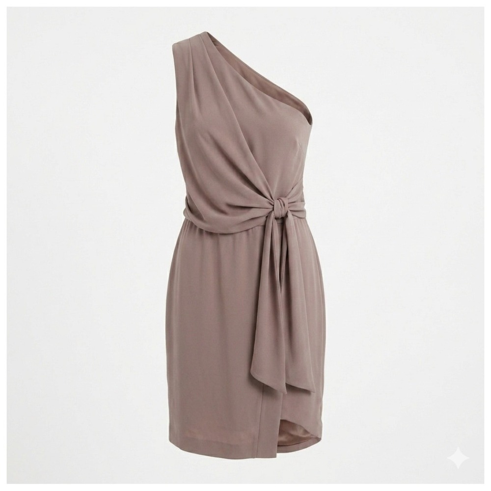 Diane von Furstenberg Silk One Shoulder Dress Taupe Knee Length Draped Knot 4‎